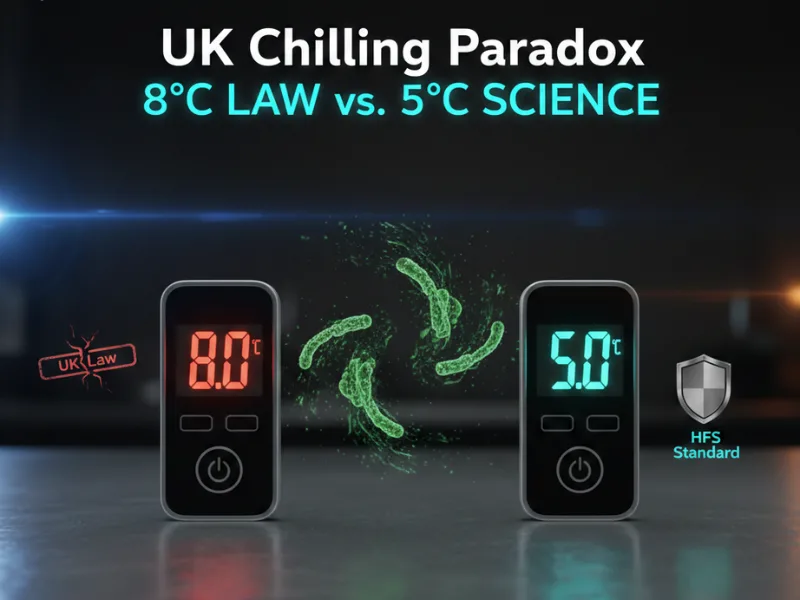 Digital thermometers showing the UK chilling paradox: a red 8.0°C display labeled 'UK Law' with bacterial activity versus a cyan 5.0°C display labeled 'HFS Standard' representing microbiological safety.